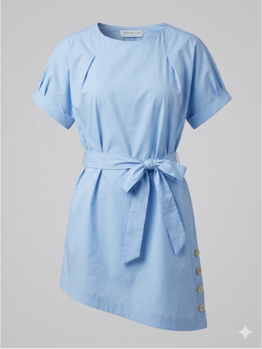 Jessie Liu San Francisco baby blue belted asymmetrical button accent mini dress